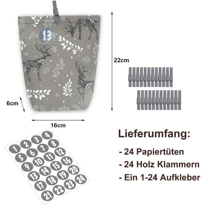 Adventskalender zum Befüllen 24 Weihnachts Papiertüten Blau