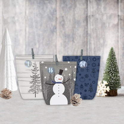 Adventskalender zum Befüllen - 24 Weihnachtskalender Papiertüten mit Aufklebern - DIY Geschenktüten - Blau Grau Grün
