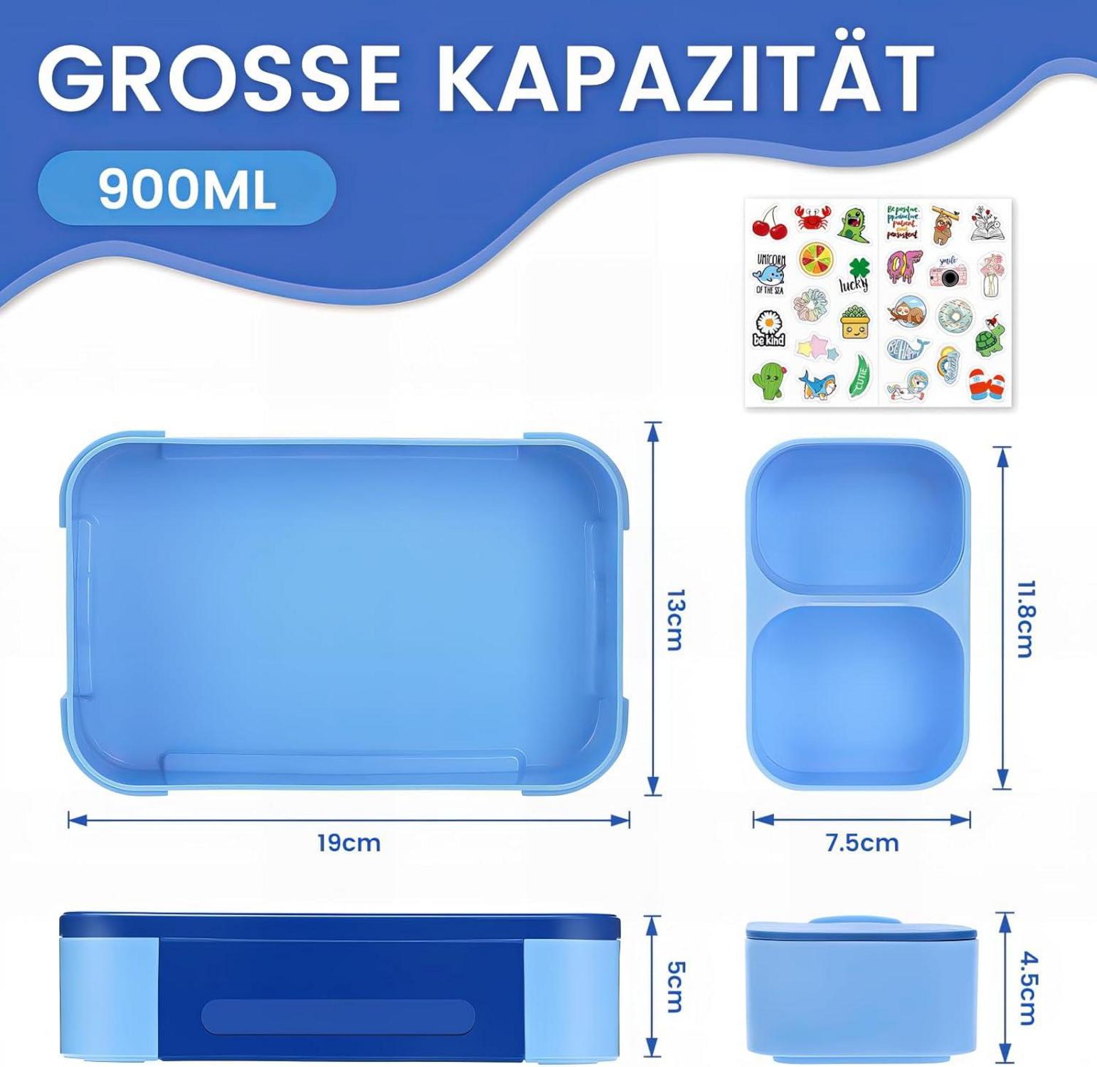 Brotdose Kinder Lunchbox Bento Box 900ml Auslaufsicher Blau