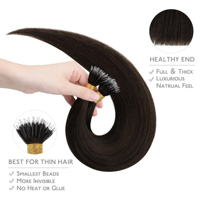 Dunkelbraune Echthaar Nanoring Extensions – 50g, 50cm