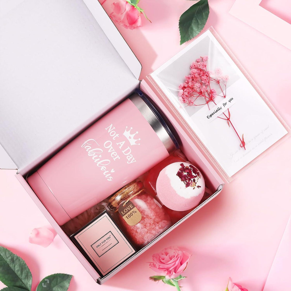 Geschenkset für Frauen mit vakuumisoliertem Becher, Kerzen, Badebombe