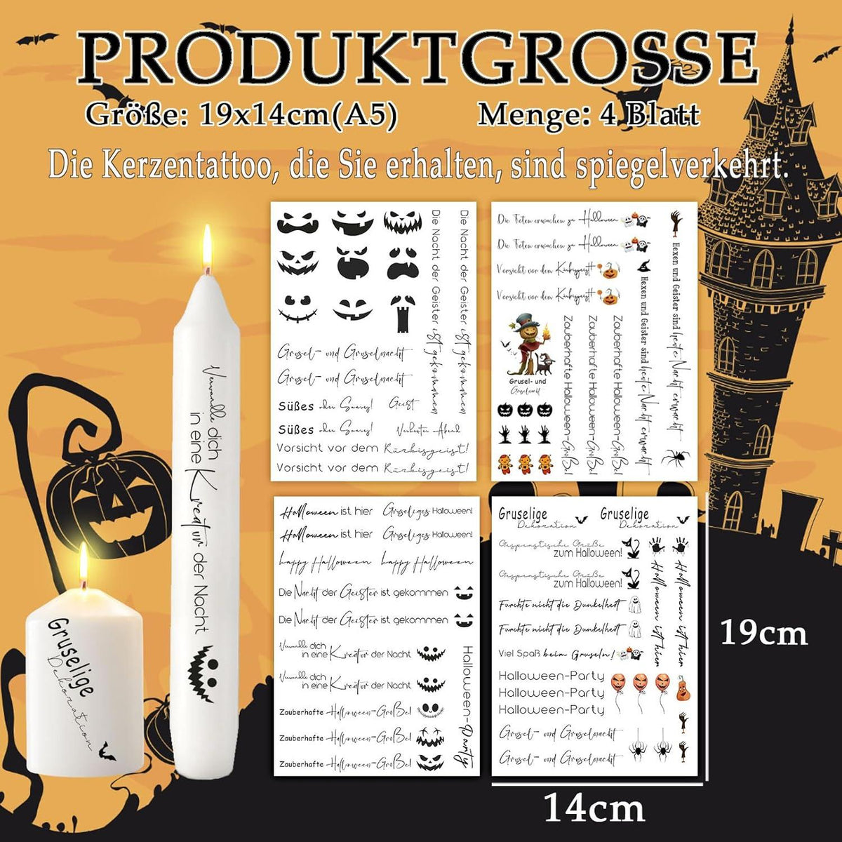 Kerzentattoos Halloween Kürbis DIY Geschenk 4 Stück A5