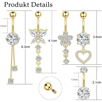 Bauchnabelpiercing Set 5 Stück Chirurgenstahl 10mm Silber Gold Strass Perlen
