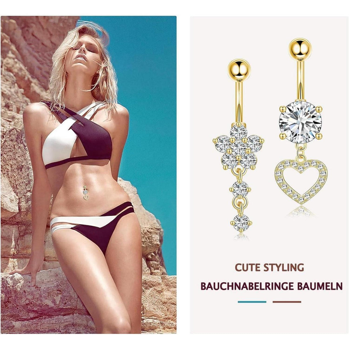 Bauchnabelpiercing Set 5 Stück Chirurgenstahl 10mm Silber Gold Strass Perlen