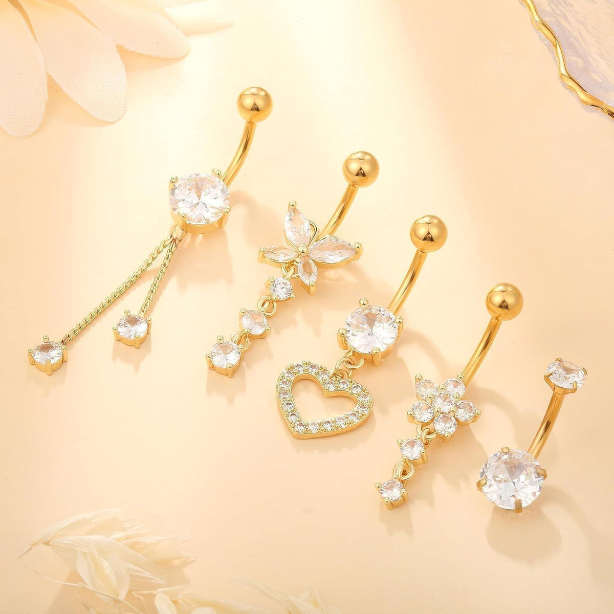 Bauchnabelpiercing Set 5 Stück Chirurgenstahl 10mm Silber Gold Strass Perlen