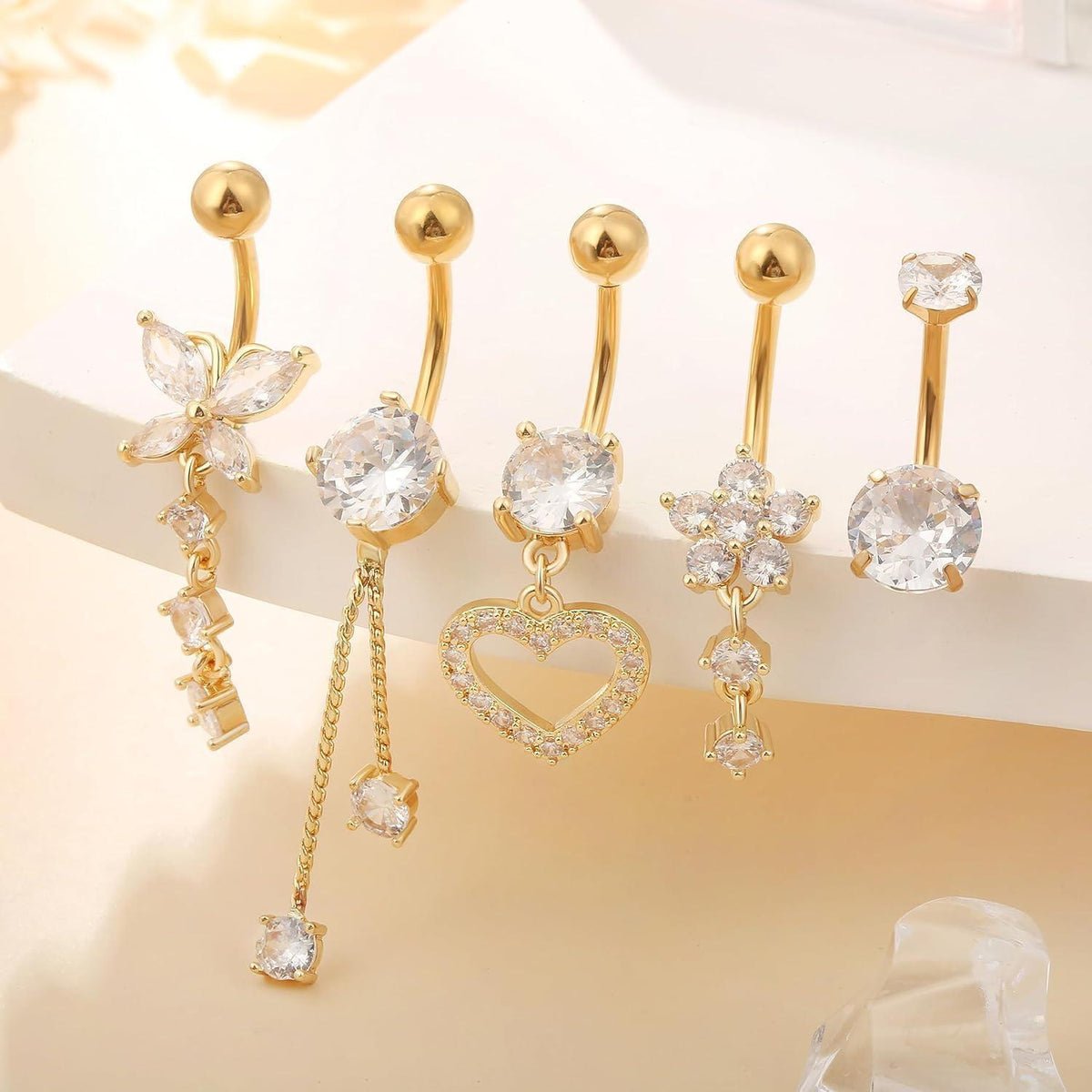 Bauchnabelpiercing Set 5 Stück Chirurgenstahl 10mm Silber Gold Strass Perlen