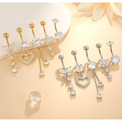 Bauchnabelpiercing Set 5 Stück Chirurgenstahl 10mm Silber Gold Strass Perlen