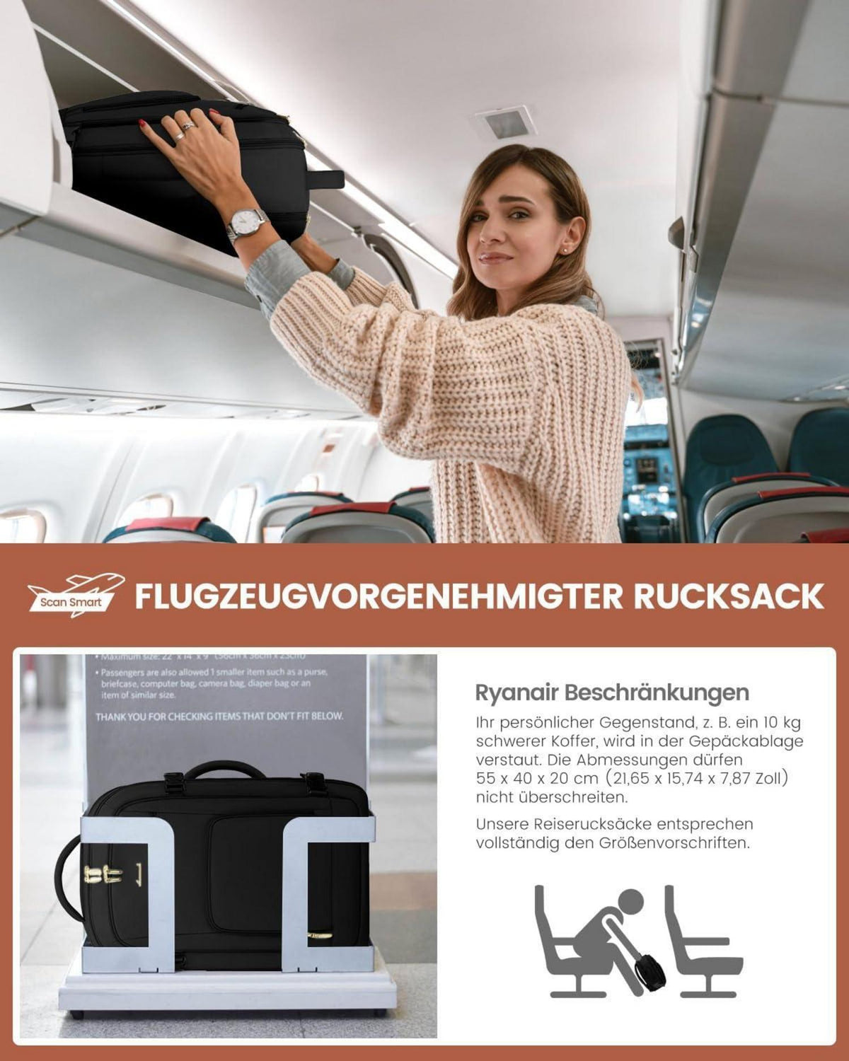 Handgepäck Rucksack 40L für 17 Zoll Laptop, Reiserucksack