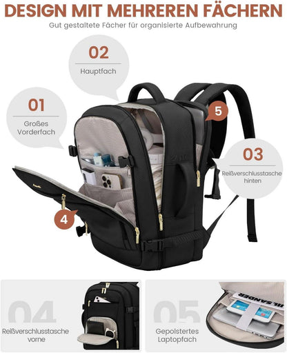 LOVEVOOK Handgepäck Rucksack 40L Reiserucksack für 17 Zoll Laptop, Schwarz