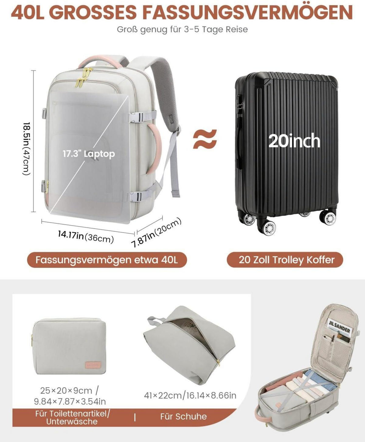 Handgepäck Rucksack 40L für Reise mit Laptopfach Grau