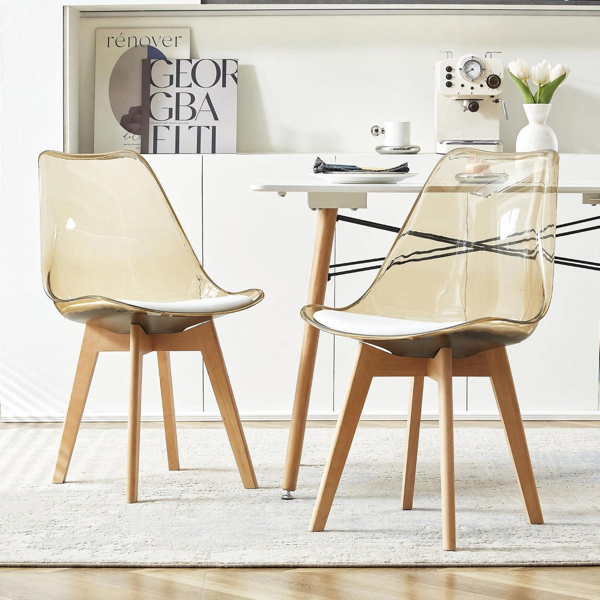 Transparente Esszimmerstühle Set 8 – Skandinavischer Stil mit Holzbeinen
