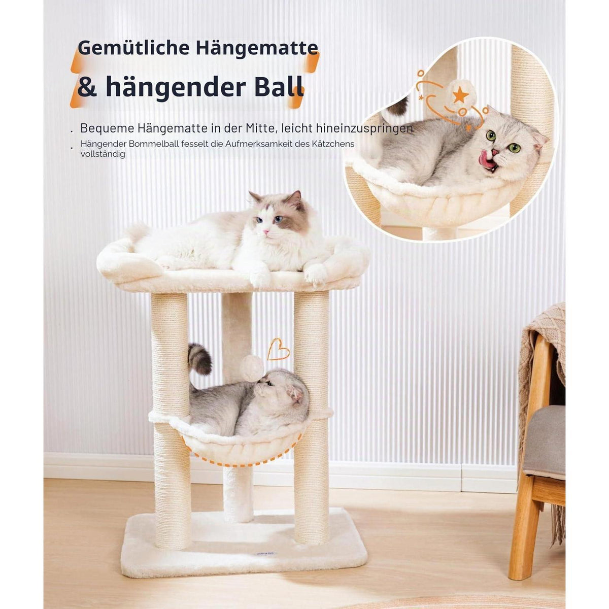 Hoher Kratzbaum für Katzen mit Hängematte & Liegefläche