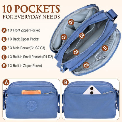 Umhängetasche Damen Nylon Wasserdicht Crossbody Bag mit 10 Taschen