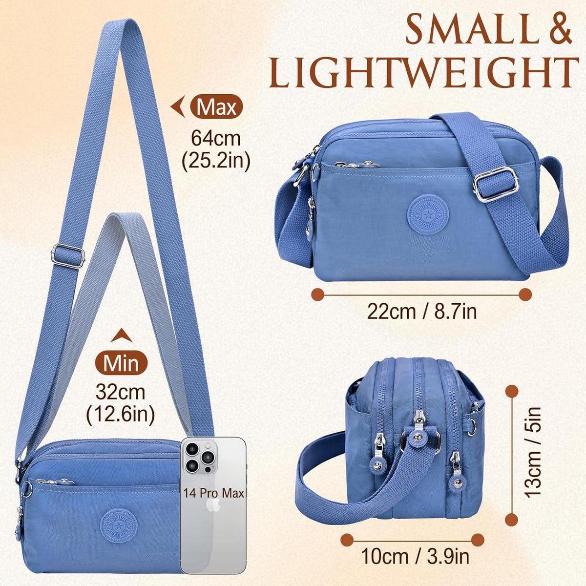 Kleine Umhängetasche Damen Nylon Wasserdicht Crossbody Bag 10 Taschen
