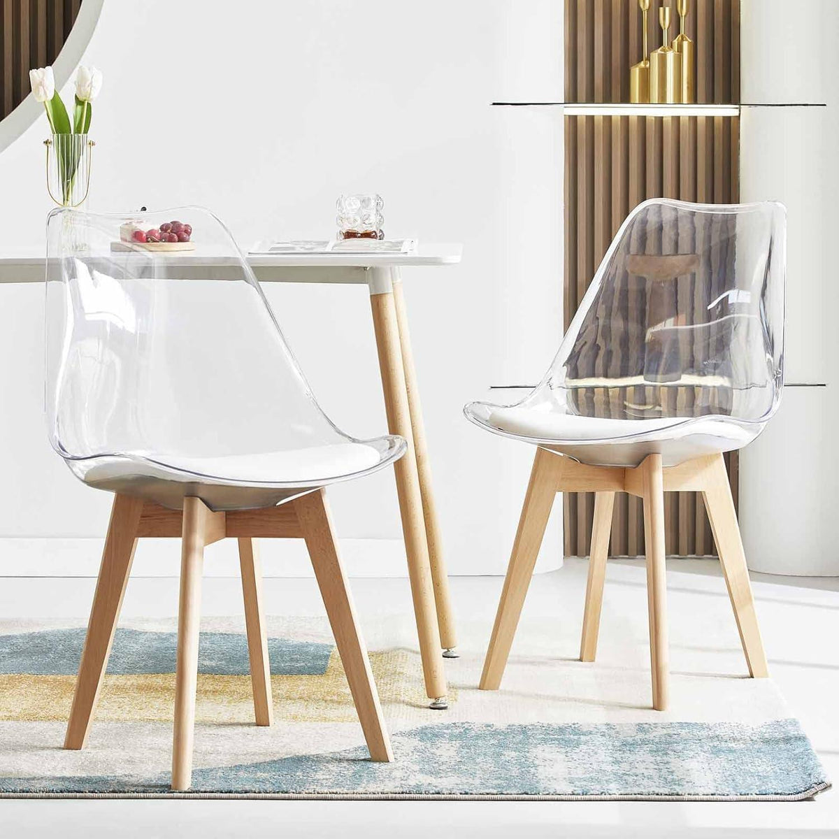 Transparente Esszimmerstühle Set 8 – Skandinavischer Stil mit Holzbeinen