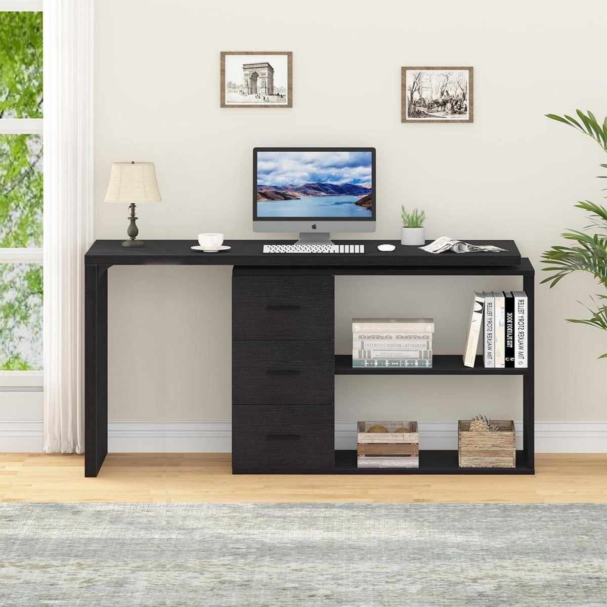 Schwarzer L-Form Schreibtisch mit Schubladen und Stauraum 140x50x76 cm