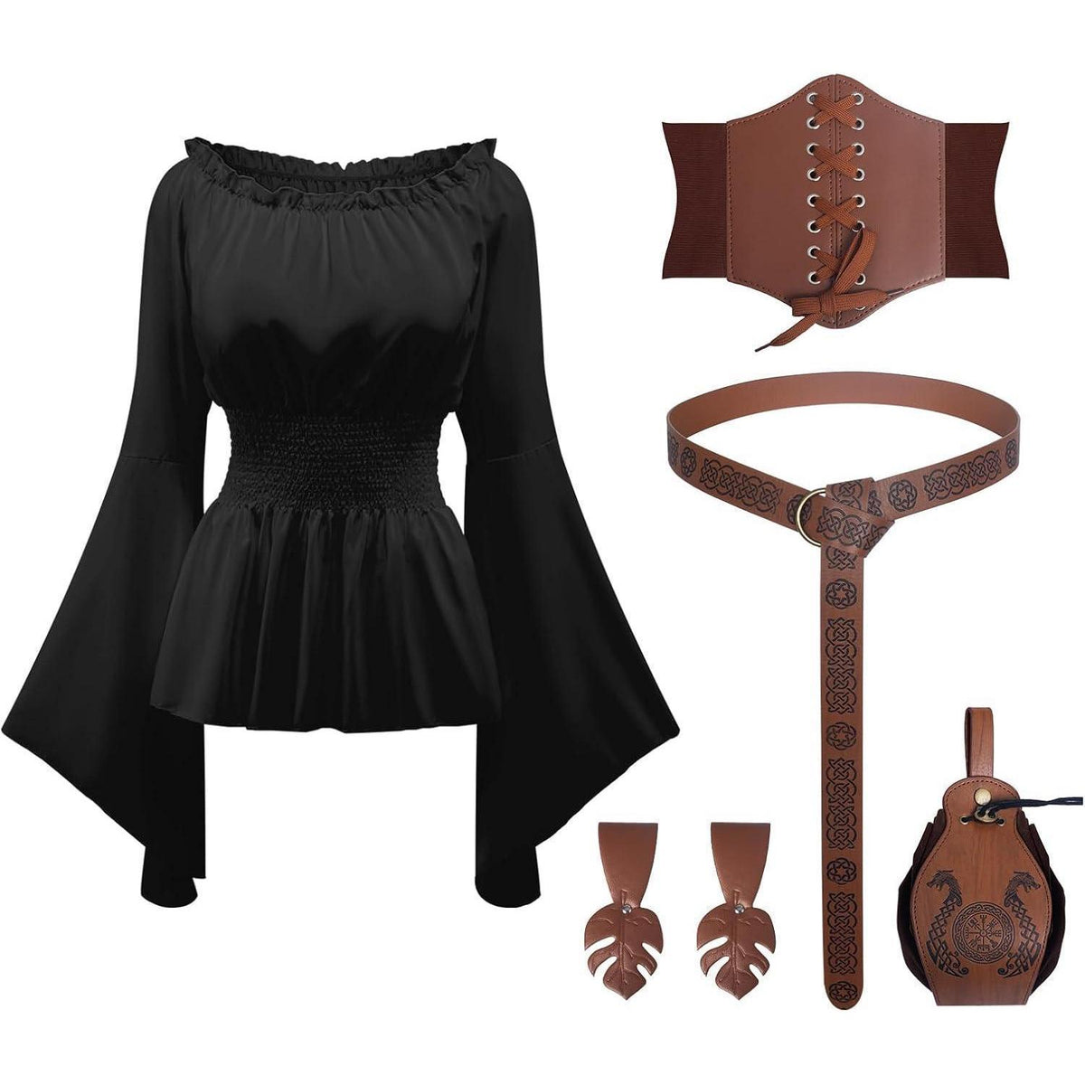 Piratenkostüm Damen Mittelalter Bluse mit Korsett & Gürteltasche Schwarz