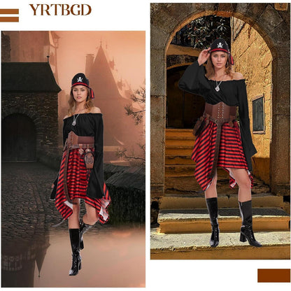 Piratenkostüm Damen Mittelalter Bluse mit Korsett & Gürteltasche Schwarz