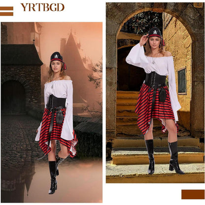Piratenkostüm Damen Mittelalter Bluse mit Korsett & Gürteltasche