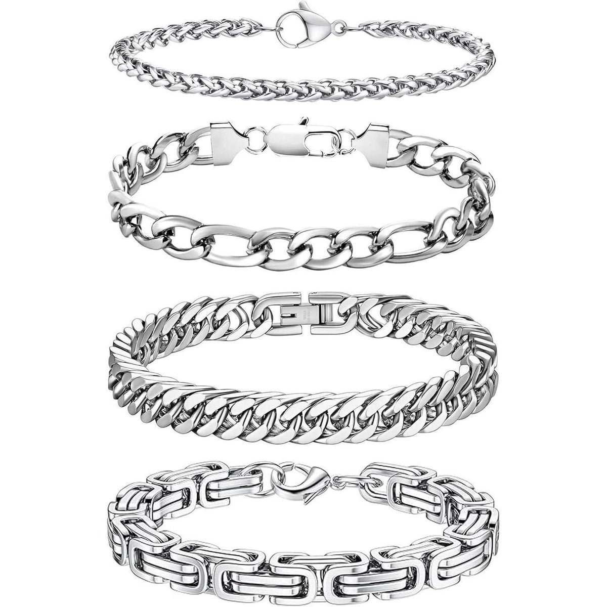 Herren Armband Set Edelstahl Panzerkette Königskette 4 Stück Silber 4/6mm 23cm