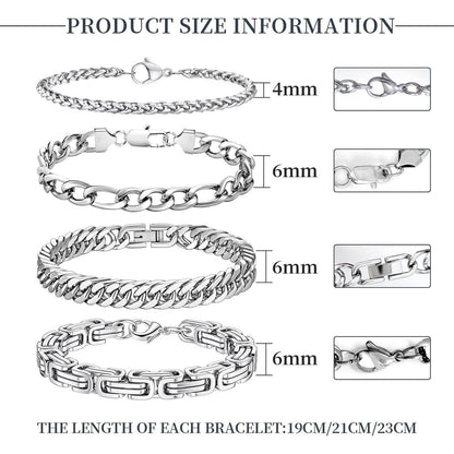 Herren Armband Set Edelstahl Panzerkette Königskette 4 Stück Silber 4/6mm 23cm