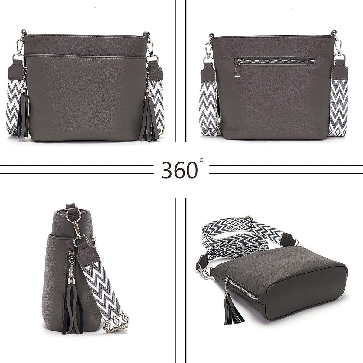 Umhängetasche Damen Mittelgroß Leder PU Tasche Breiter Schulterriemen Gray