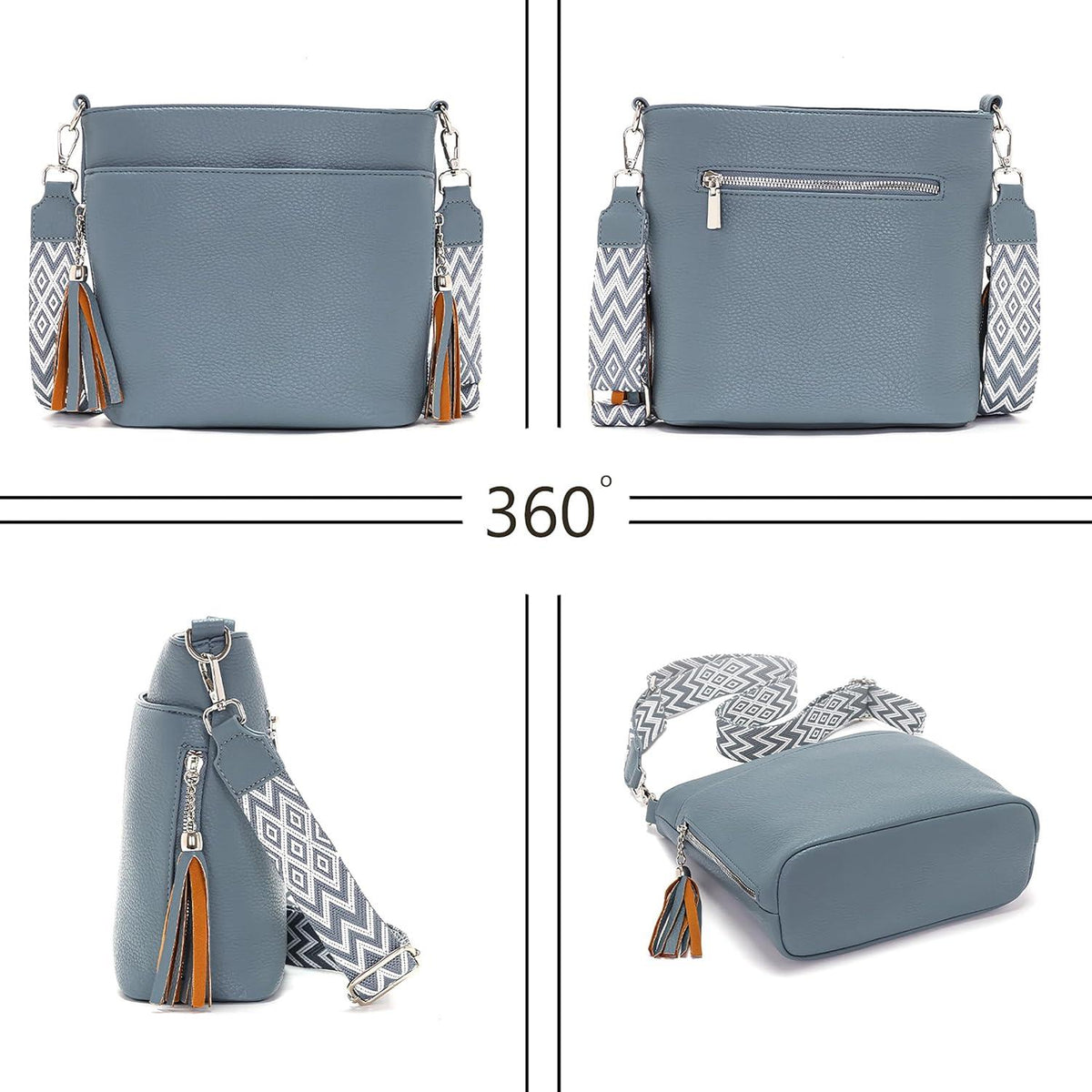 Umhängetasche Damen Mittelgroß Leder PU Blau Schultergurt 4 fächern