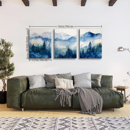 Aquarell Wald Leinwand Bilder Set Blau Grün Moderne Landschaft 30x40cm 3er