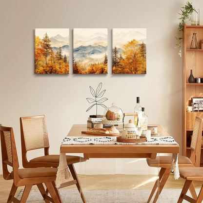 Gold Aquarell Wald Bilder Set Herbst Berglandschaft 30cm x 40cm x 3