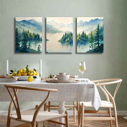 Aquarell Wald Leinwand Bilder Set Blaugrün Natur 30cm x 40cm