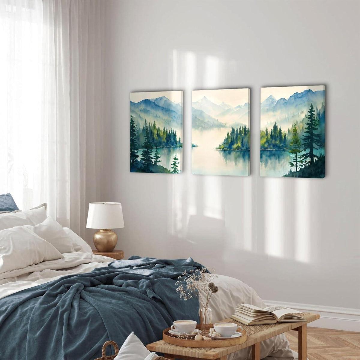 Aquarell Wald Leinwand Bilder Set Wohnzimmer Schlafzimmer Badezimmer