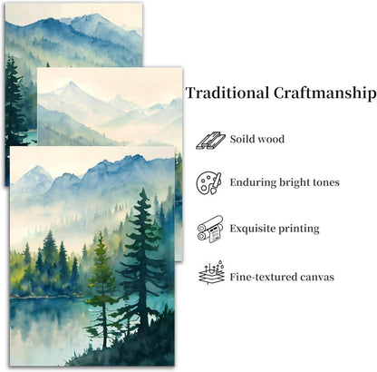 MHARTK66 Aquarell Blaugrün Wald Leinwand Bilder Set Wohnzimmer Schlafzimmer 30cm x 40cm x 3