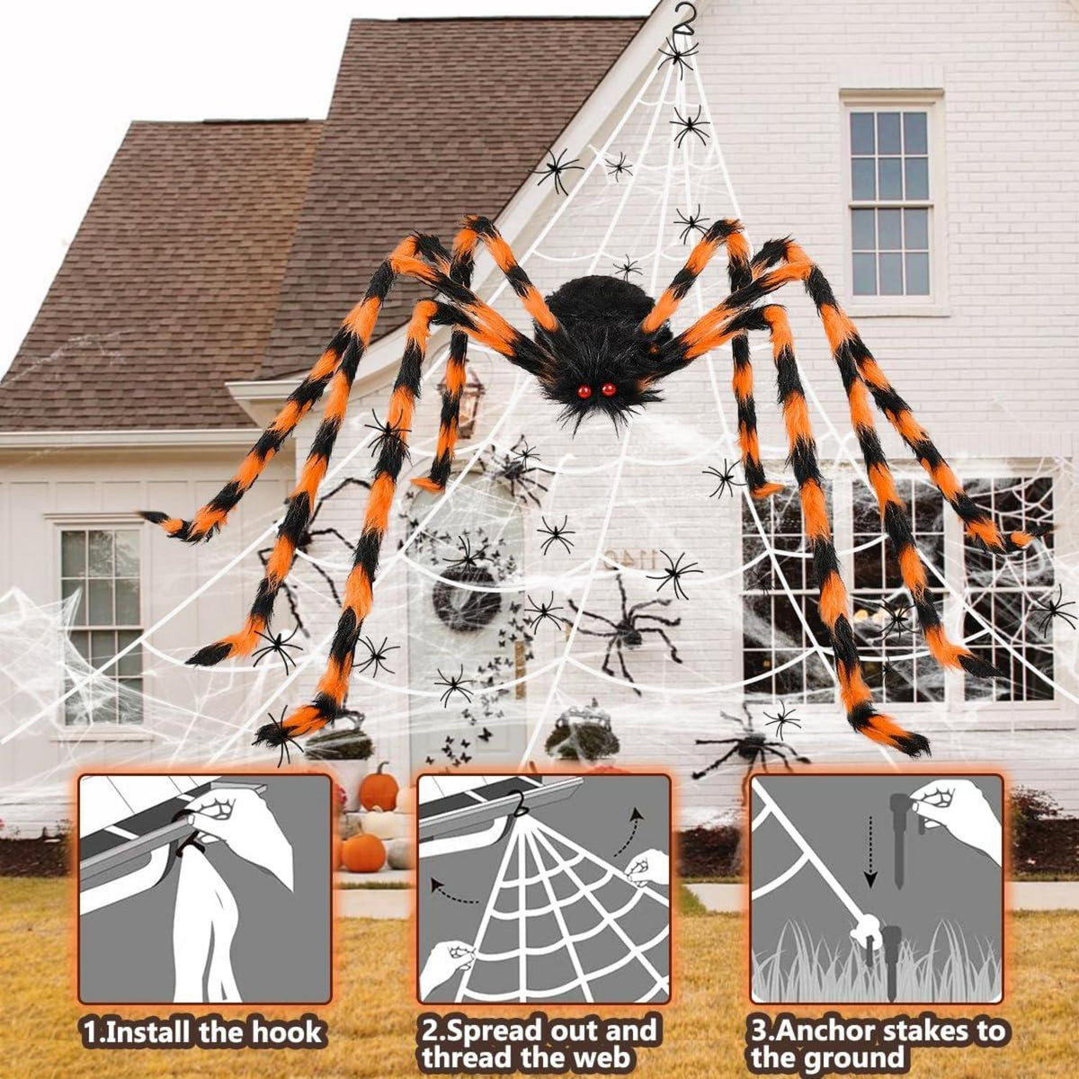 Halloween Deko Set: XXL Spinnennetz + Riesige Spinne + Spinnweben + Mini Spinnen