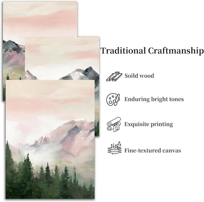 Aquarell Wald Leinwand Bilder Set Rosa Grüne Nebel 30cm x 40cm x 3