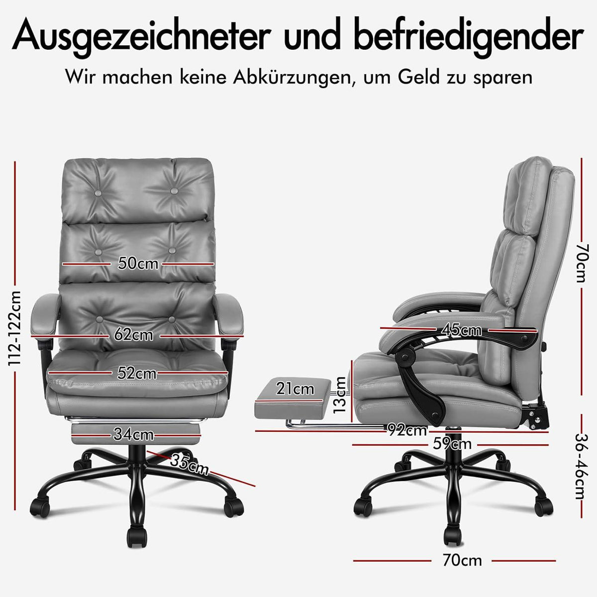 Bürostuhl mit 150° Neigung und 360° Drehung, hohe