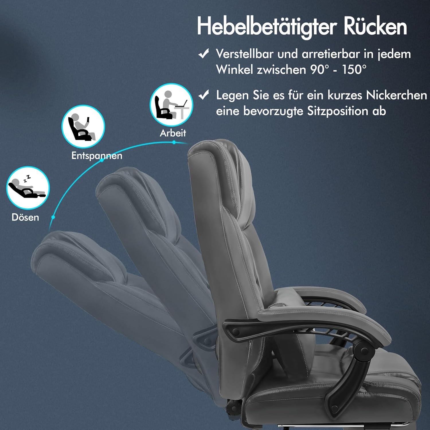 Bürostuhl High Back, Verstellbare Lendenwirbelstütze, Fußstütze, Grau