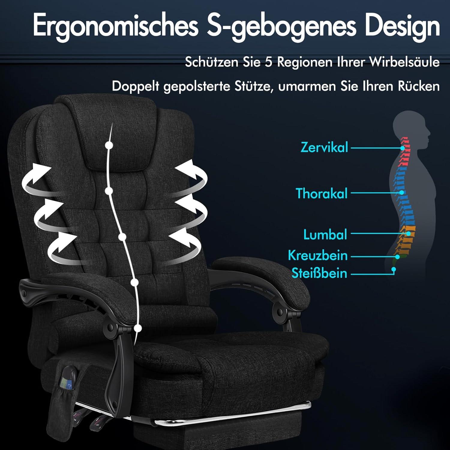 Ergonomischer Bürostuhl mit Wärmemassagefunktion, Leinenstoff, Schwarz
