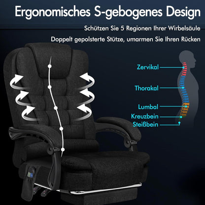 Ergonomischer Bürostuhl mit Wärmemassagefunktion, Leinenstoff, Schwarz