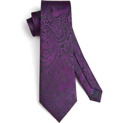 Krawatten-Set Herren: Krawatte, Einstecktuch, Manschettenknöpfe, Krawattenklammer Violett/Schwarz