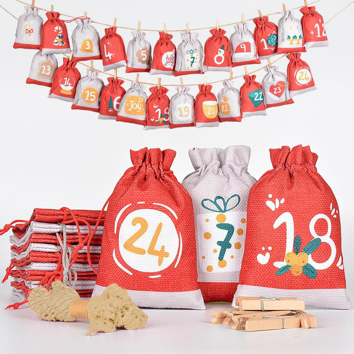 Adventskalender Jutesäckchen 24er Set Weihnachtsdeko 18x13cm