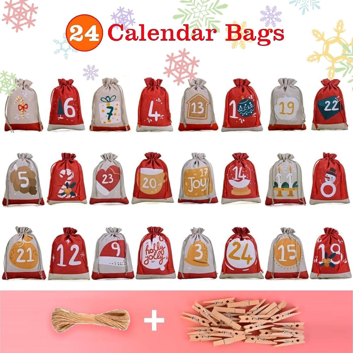 Adventskalender zum Befüllen 2024 Stoff Jutesäckchen 18x13cm