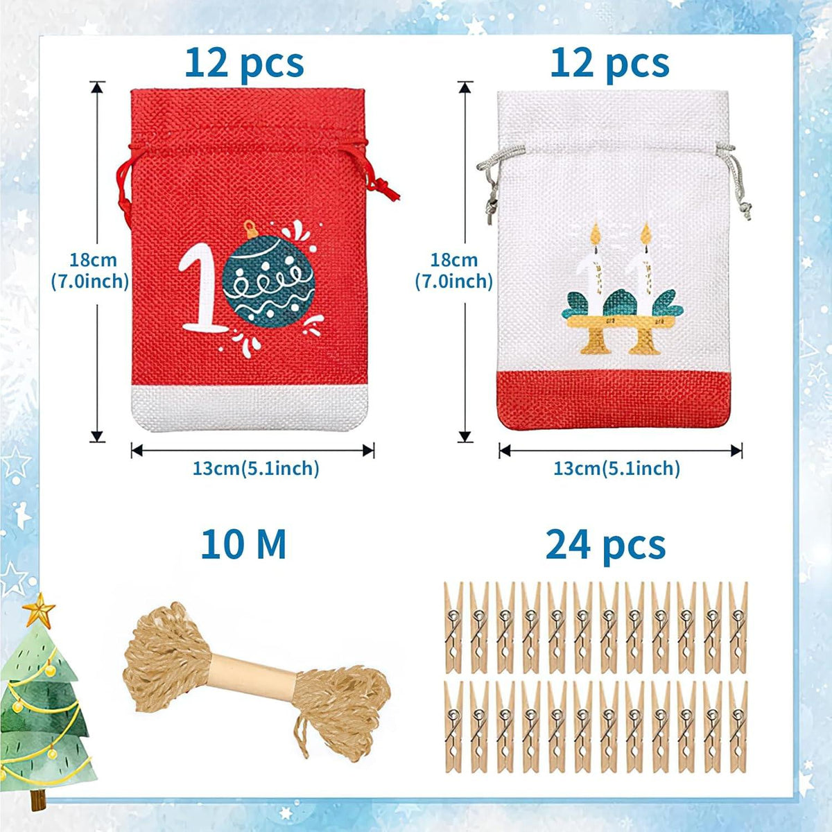 Adventskalender zum Befüllen Weihnachtsdeko 24x Jutesäckchen 18x13cm