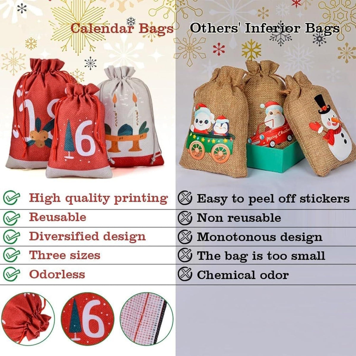Adventskalender 24 Stück Weihnachtskalender 2024 Jutesäckchen 18 x