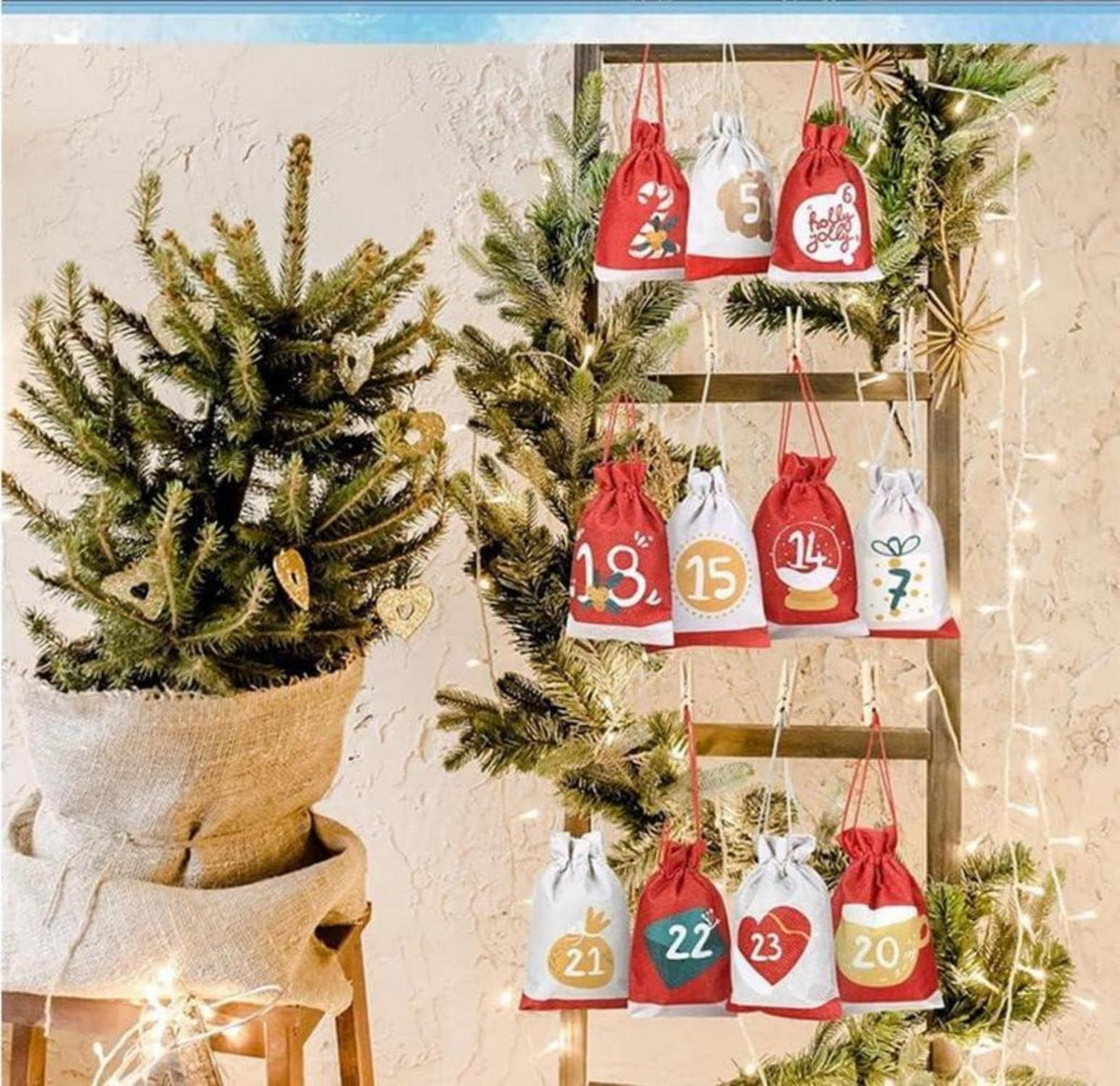 Adventskalender 2024 zum Befüllen Jutesäckchen 18x13cm mit Aufkleber