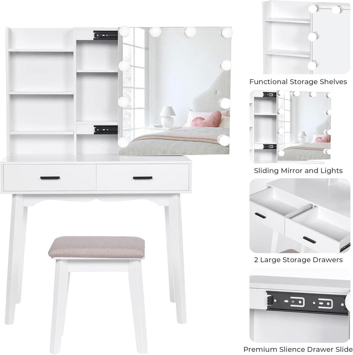 Schminktisch mit LED-Beleuchtung und Schiebespiegel Weiß 80 x 40 x 134.5cm