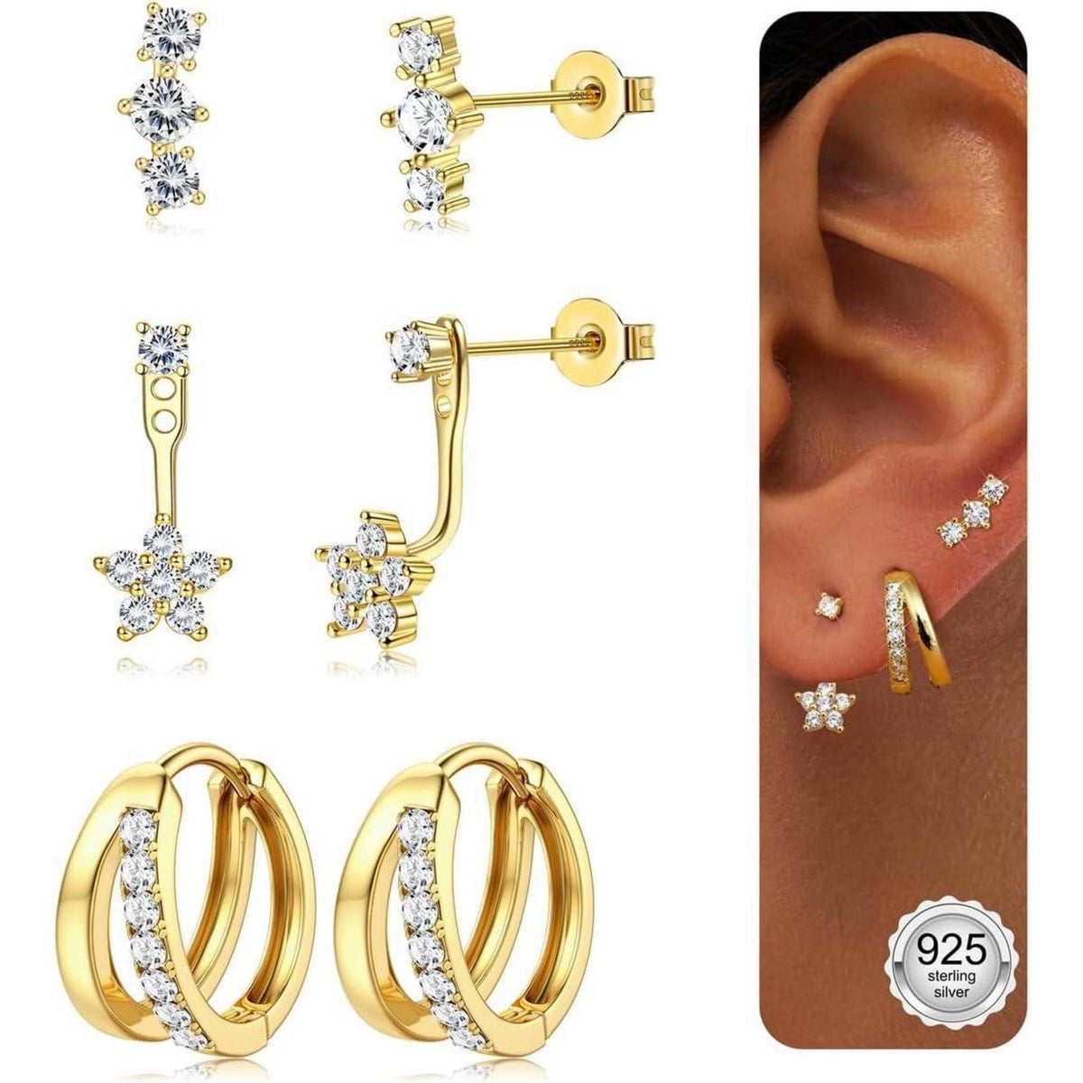 3 Paar Ohrringe Silber & Gold, 925 Sterling Silber Creolen & Stecker