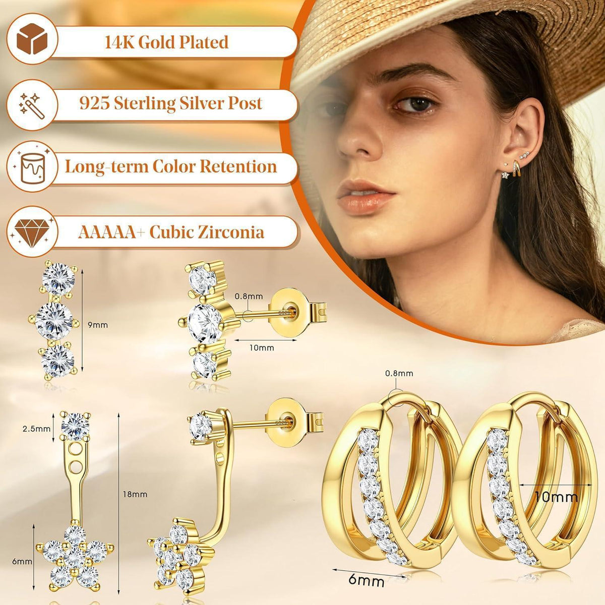 3 Paar Ohrringe Silber & Gold, 925 Sterling Silber Creolen & Stecker