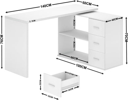 L-förmiger Schreibtisch Weiß mit Stauraum und 3 Schubladen