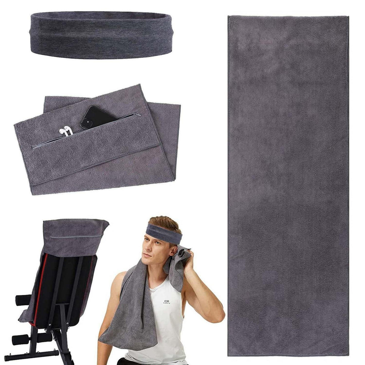 Fitness Handtuch Set mit Reißverschluss Tasche & Haarband