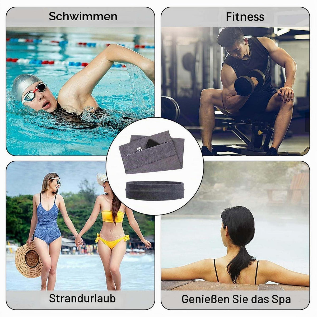 Fitness Handtuch Set mit Reißverschluss Tasche & Haarband
